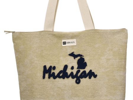 Michigan Map  Embroidery Tan Beach Bag Discount